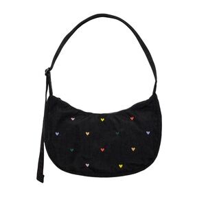 Medium Crescent Baggu Bag! Black with embroidered hearts.